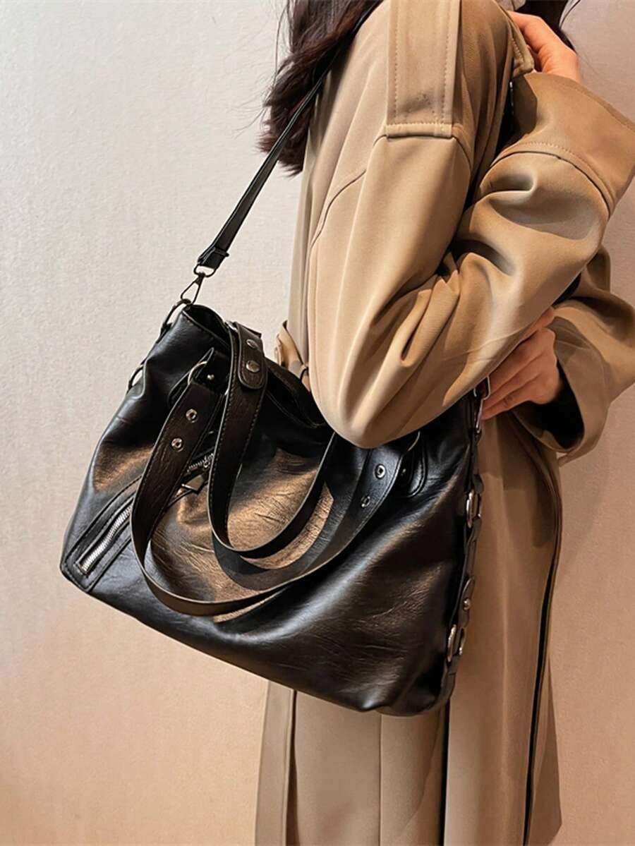 2026 New Vintage Fashion Studded Tote Bag, Large Capacity Handbag, Underarm Shoulder Bag For Office Commute