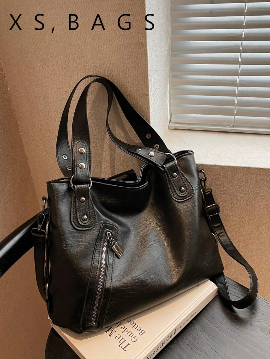 2026 New Vintage Fashion Studded Tote Bag, Large Capacity Handbag, Underarm Shoulder Bag For Office Commute