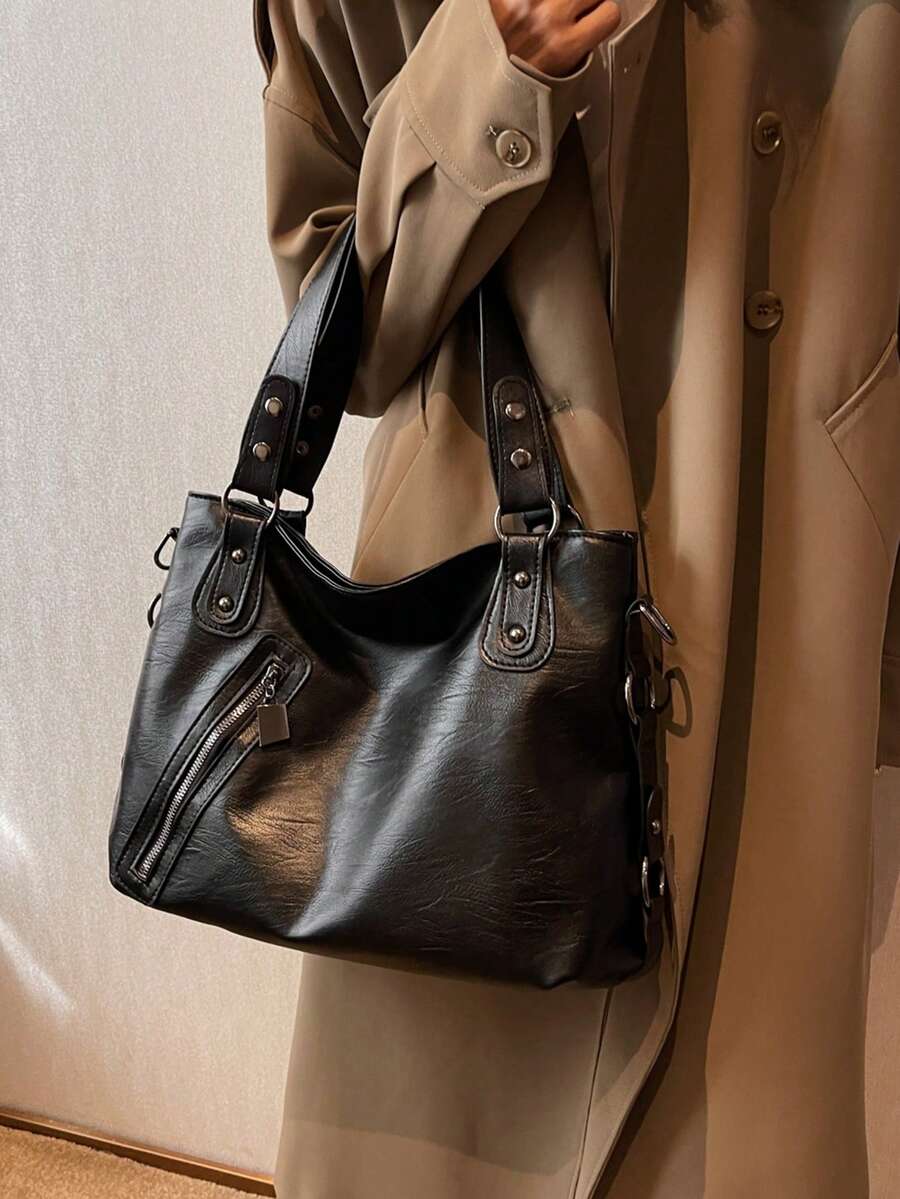 2026 New Vintage Fashion Studded Tote Bag, Large Capacity Handbag, Underarm Shoulder Bag For Office Commute
