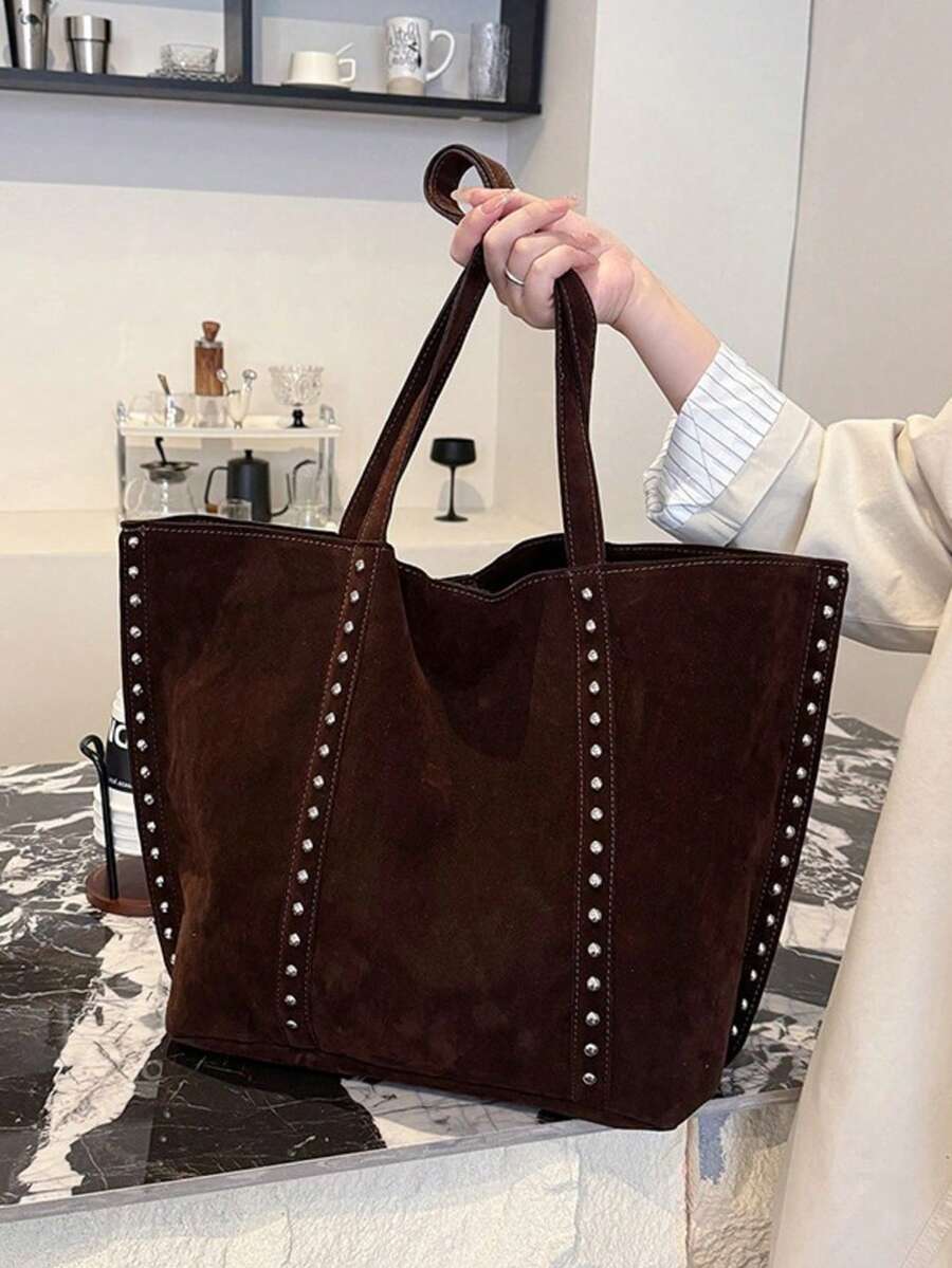 Fashionable Large Capacity Suede Tote Bag For Women, Minimalist Niche Design Rivet Shoulder Bag, Casual Versatile Vintage Underarm Bag, European And American College Style Large Bag For Women