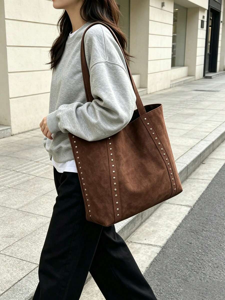Fashionable Large Capacity Suede Tote Bag For Women, Minimalist Niche Design Rivet Shoulder Bag, Casual Versatile Vintage Underarm Bag, European And American College Style Large Bag For Women