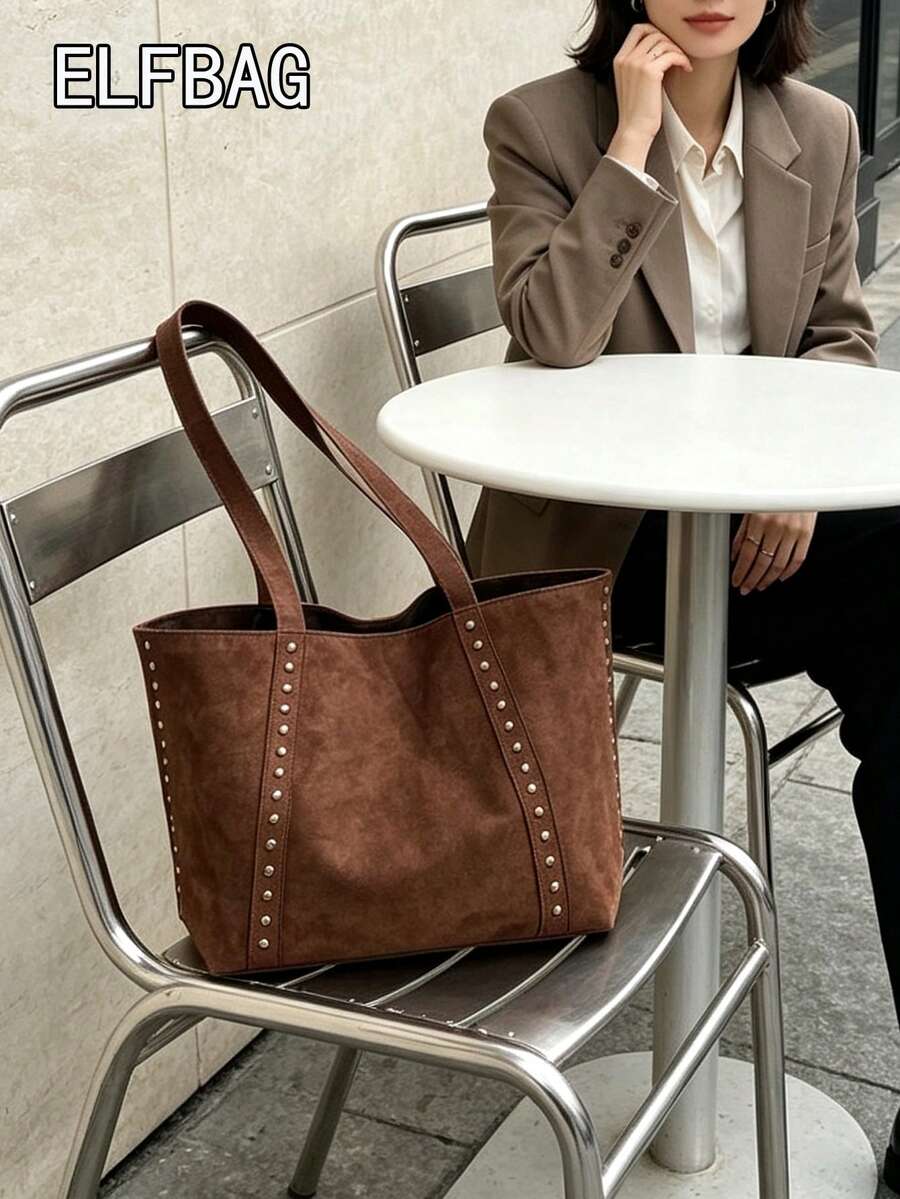 Fashionable Large Capacity Suede Tote Bag For Women, Minimalist Niche Design Rivet Shoulder Bag, Casual Versatile Vintage Underarm Bag, European And American College Style Large Bag For Women