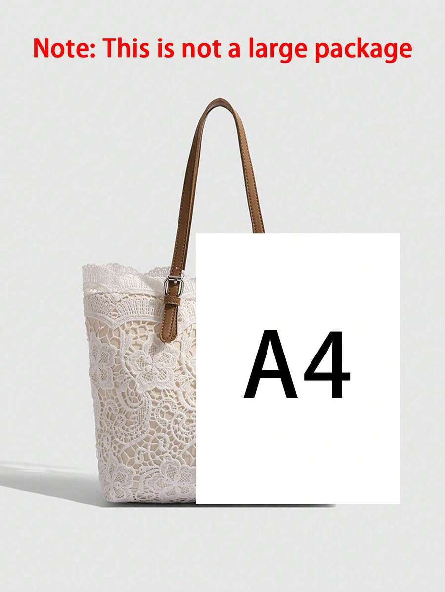 White Lace Tote Bag For Women, Minimalist Shoulder Small Handbag, Sweet Style Casual Travel Lace Shopping Bag, Woven Pattern Design, Hollow Lace, French Retro Style, Suitable For Professional Women