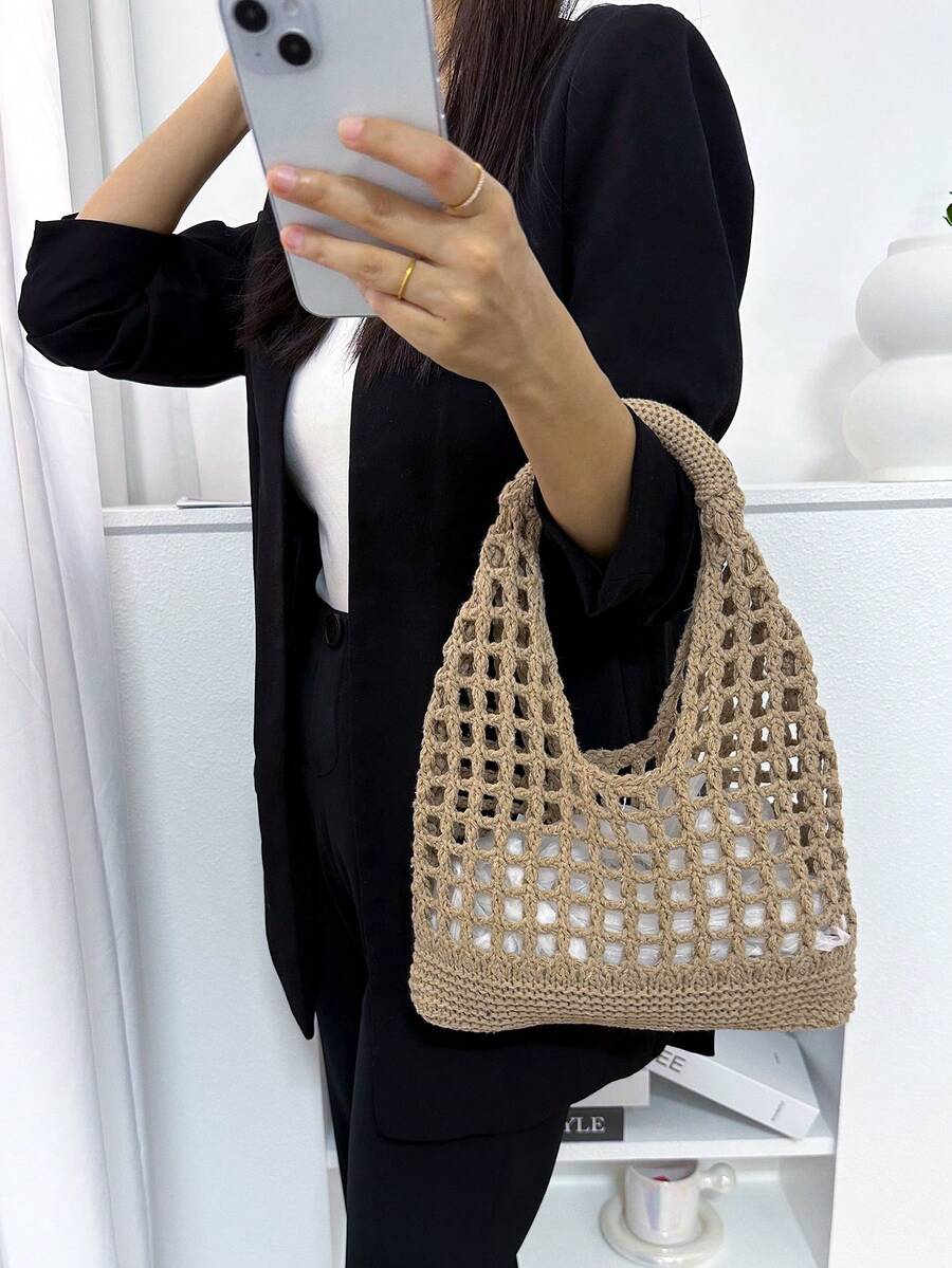 ENBEI Large Capacity Vintage Beach Bag, Bohemian Beach Bag, Holiday Essential, Women's Fashion Handmade Crochet Handbag. Suitable For College Students, Back To School And Mother's Day Gifts, Beach Bag