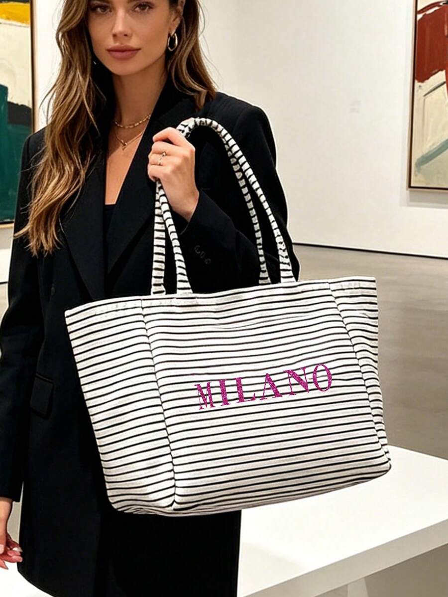 Black Vintage Striped Tote Bag And Matching Pouch With Milan, Italy Letter Print, Minimalist Design, Bohemian Striped Beach Bag, French Style Handbag, Large Capacity Shopping Bag, For Daily Use, Churc