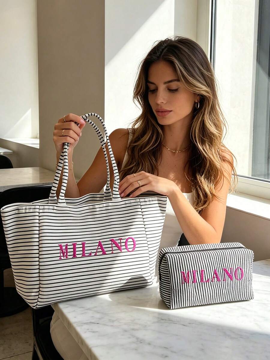 Black Vintage Striped Tote Bag And Matching Pouch With Milan, Italy Letter Print, Minimalist Design, Bohemian Striped Beach Bag, French Style Handbag, Large Capacity Shopping Bag, For Daily Use, Churc