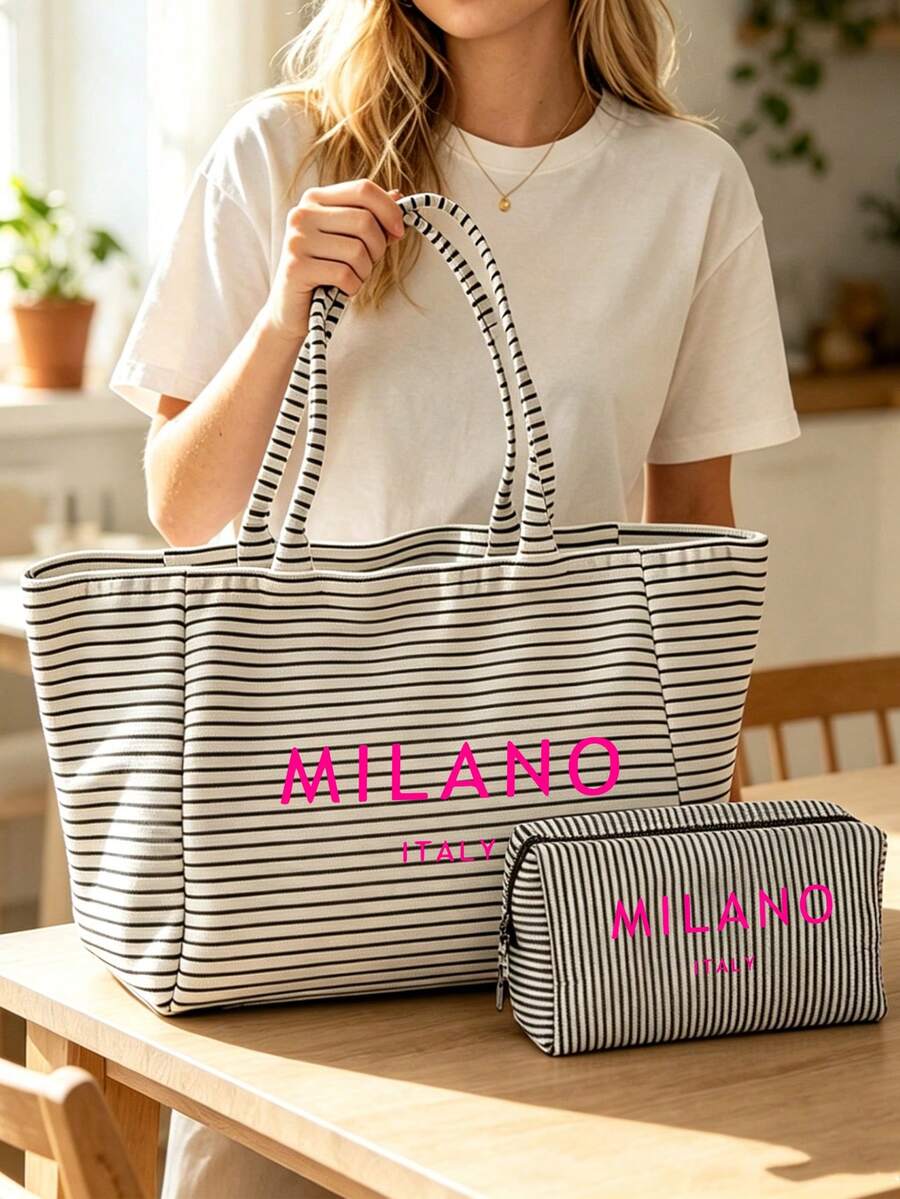 Black Vintage Striped Tote Bag And Matching Pouch With Milan, Italy Letter Print, Minimalist Design, Bohemian Striped Beach Bag, French Style Handbag, Large Capacity Shopping Bag, For Daily Use, Churc