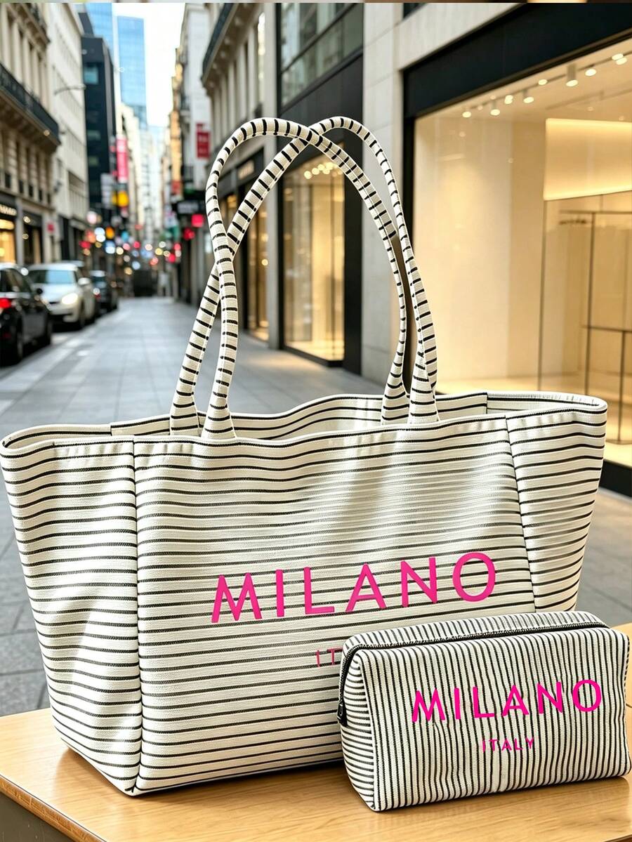 Black Vintage Striped Tote Bag And Matching Pouch With Milan, Italy Letter Print, Minimalist Design, Bohemian Striped Beach Bag, French Style Handbag, Large Capacity Shopping Bag, For Daily Use, Churc