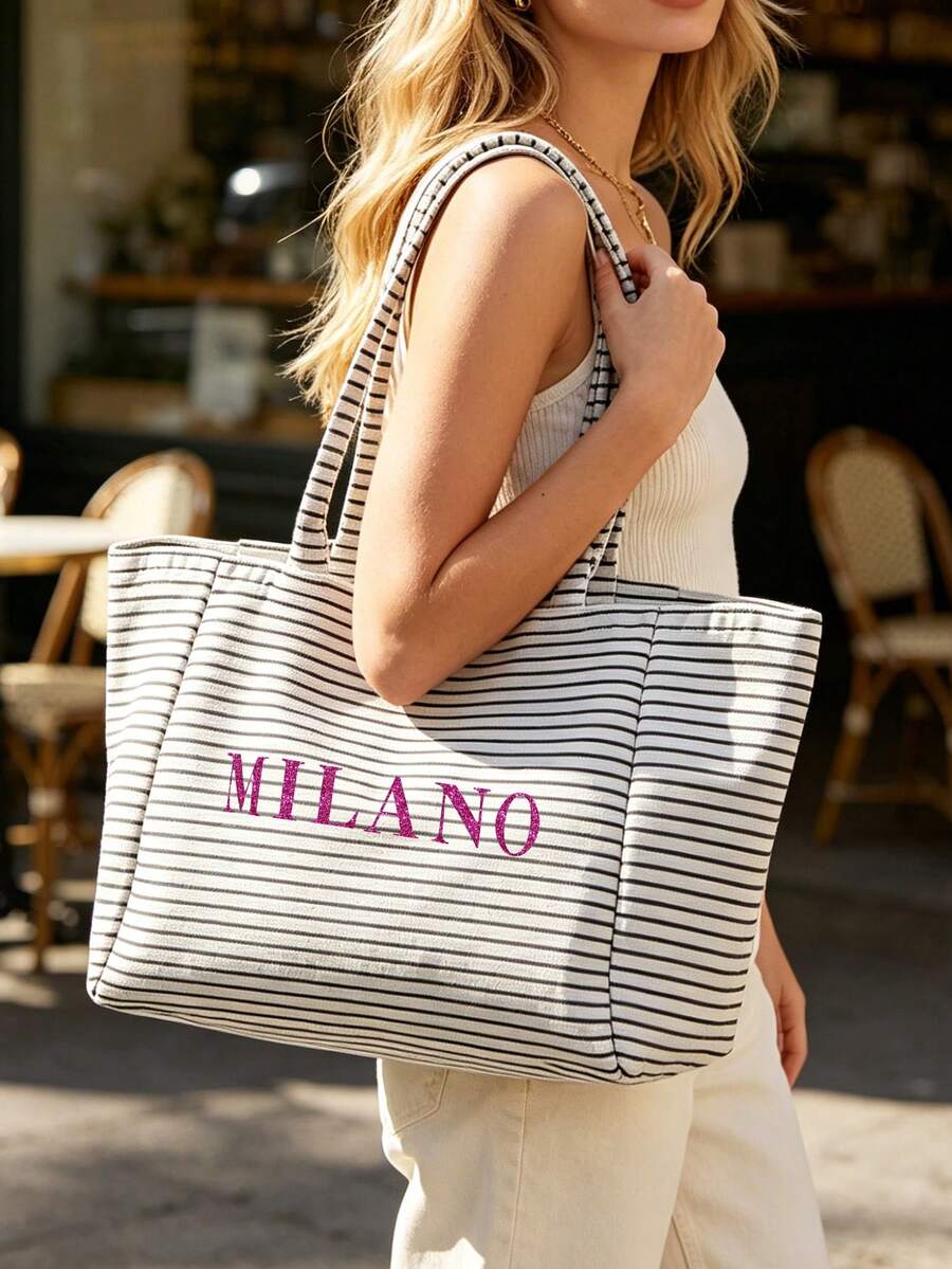 Black Vintage Striped Tote Bag And Matching Pouch With Milan, Italy Letter Print, Minimalist Design, Bohemian Striped Beach Bag, French Style Handbag, Large Capacity Shopping Bag, For Daily Use, Churc