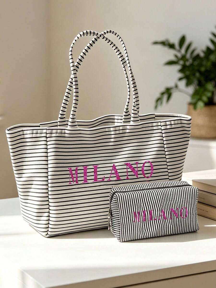 Black Vintage Striped Tote Bag And Matching Pouch With Milan, Italy Letter Print, Minimalist Design, Bohemian Striped Beach Bag, French Style Handbag, Large Capacity Shopping Bag, For Daily Use, Churc