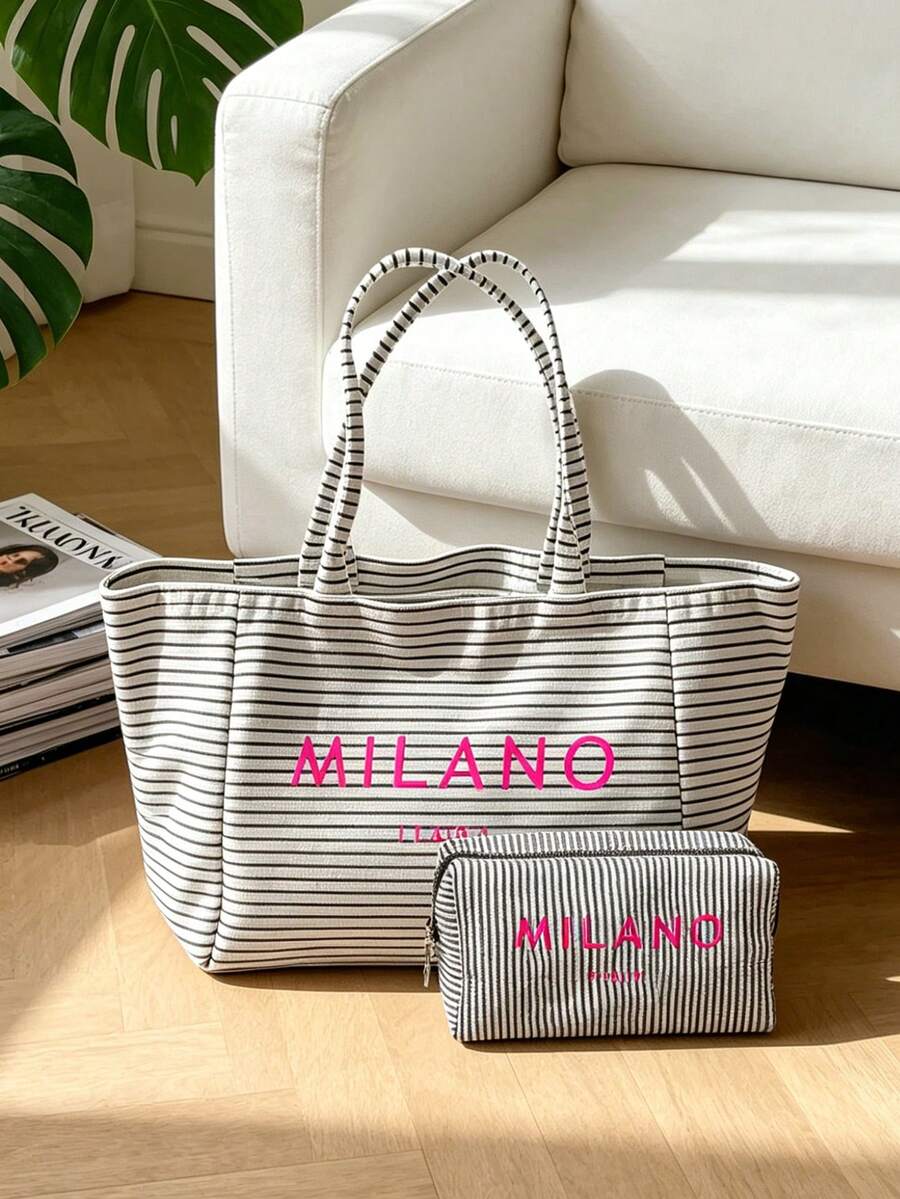 Black Vintage Striped Tote Bag And Matching Pouch With Milan, Italy Letter Print, Minimalist Design, Bohemian Striped Beach Bag, French Style Handbag, Large Capacity Shopping Bag, For Daily Use, Churc