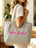 Black Vintage Striped Tote Bag And Matching Pouch With Milan, Italy Letter Print