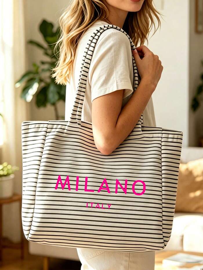 Black Vintage Striped Tote Bag And Matching Pouch With Milan, Italy Letter Print