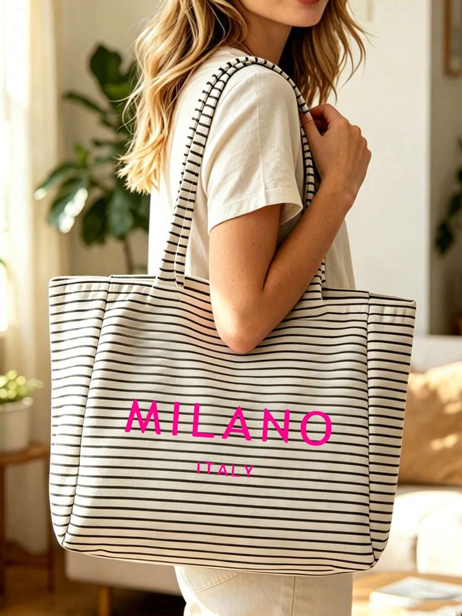 Black Vintage Striped Tote Bag And Matching Pouch With Milan, Italy Letter Print, Minimalist Design, Bohemian Striped Beach Bag, French Style Handbag, Large Capacity Shopping Bag, For Daily Use, Churc