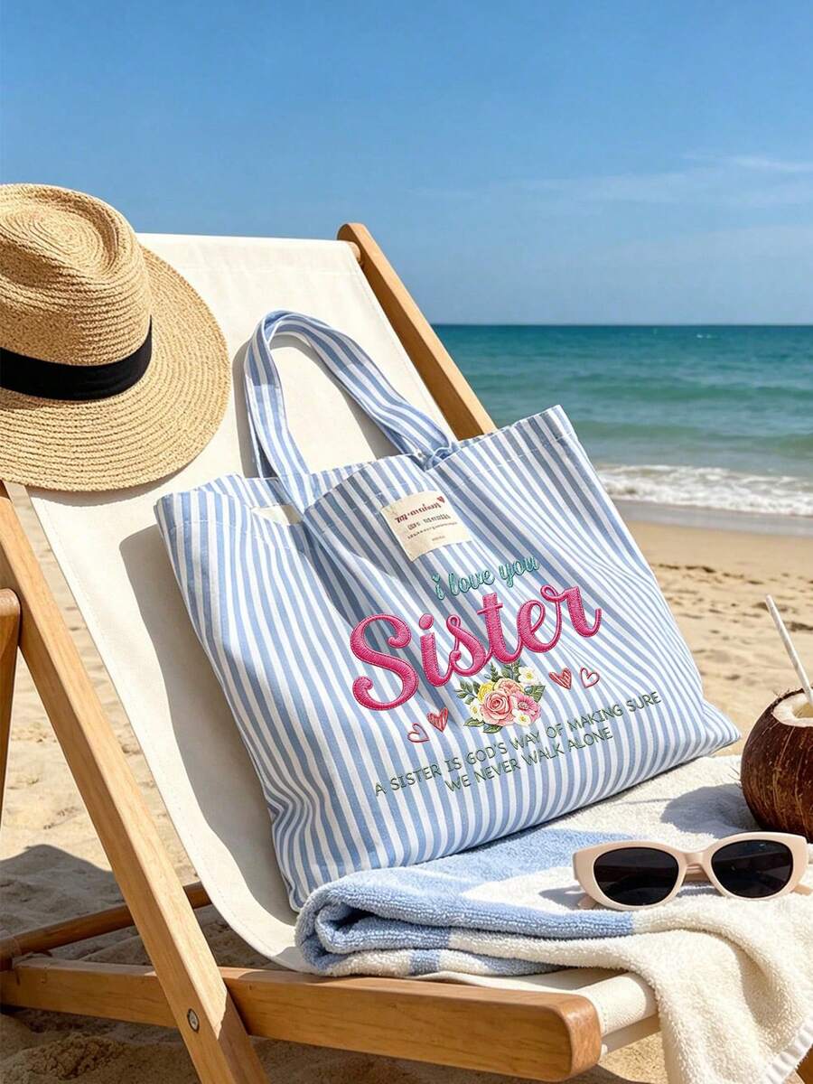 "I Love You, Sister" Vintage Striped Canvas Tote Bag, Large Capacity Striped Shoulder Bag, Makeup Bag, Fashionable Color-Block Design, Bohemian Striped Beach Bag, Reusable, Lightweight And Durable, Pe