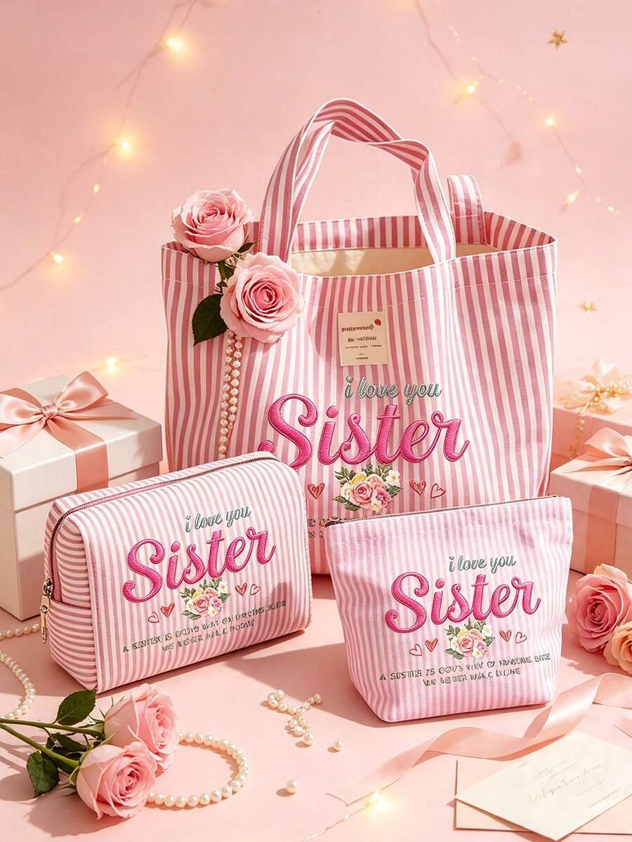 "I Love You, Sister" Vintage Striped Canvas Tote Bag, Large Capacity Striped Shoulder Bag, Makeup Bag, Fashionable Color-Block Design, Bohemian Striped Beach Bag, Reusable, Lightweight And Durable, Pe