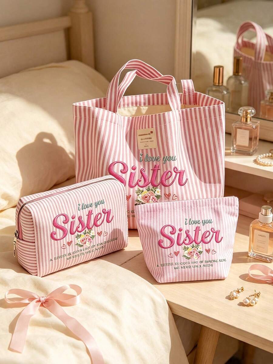 "I Love You, Sister" Vintage Striped Canvas Tote Bag, Large Capacity Striped Shoulder Bag, Makeup Bag, Fashionable Color-Block Design, Bohemian Striped Beach Bag, Reusable, Lightweight And Durable, Pe
