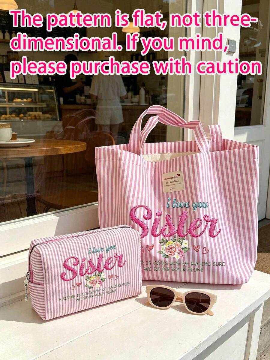 "I Love You, Sister" Vintage Striped Canvas Tote Bag, Large Capacity Striped Shoulder Bag, Makeup Bag, Fashionable Color-Block Design, Bohemian Striped Beach Bag, Reusable, Lightweight And Durable, Pe