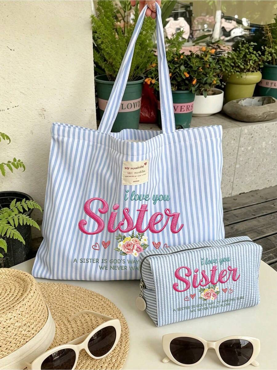 "I Love You, Sister" Vintage Striped Canvas Tote Bag, Large Capacity Striped Shoulder Bag, Makeup Bag, Fashionable Color-Block Design, Bohemian Striped Beach Bag, Reusable, Lightweight And Durable, Pe