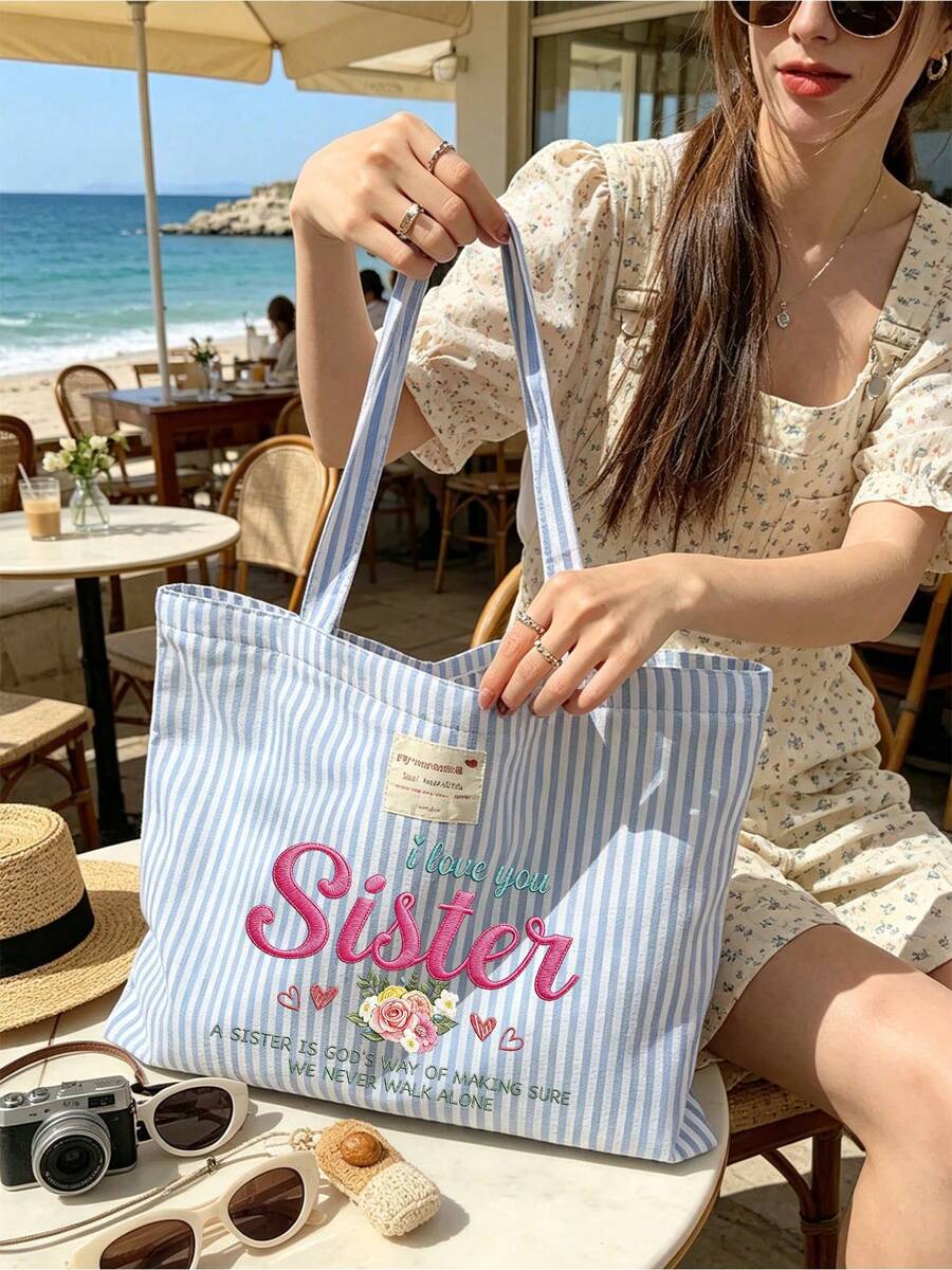 "I Love You, Sister" Vintage Striped Canvas Tote Bag, Large Capacity Striped Shoulder Bag, Makeup Bag, Fashionable Color-Block Design, Bohemian Striped Beach Bag, Reusable, Lightweight And Durable, Pe