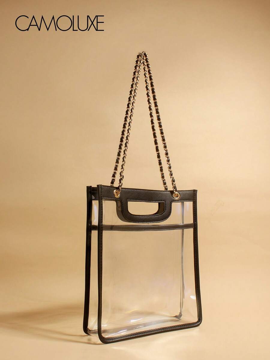 CAMOLUXE Transparent Minimalist Chain Tote Bag Black Trimmed Single Shoulder Bag Large Capacity Waterproof PVC Jelly Bag Fashion Commuter Bag