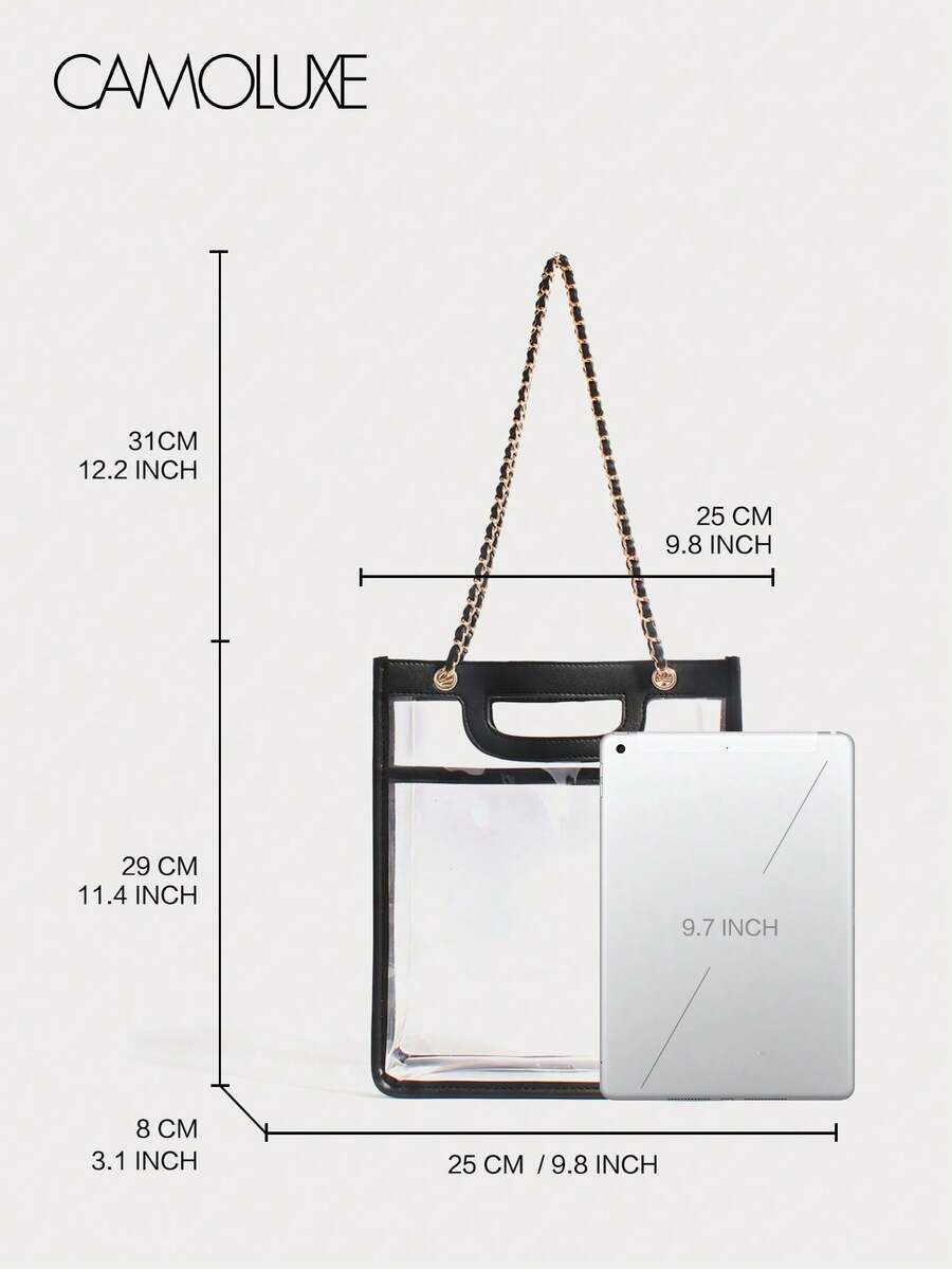 CAMOLUXE Transparent Minimalist Chain Tote Bag Black Trimmed Single Shoulder Bag Large Capacity Waterproof PVC Jelly Bag Fashion Commuter Bag