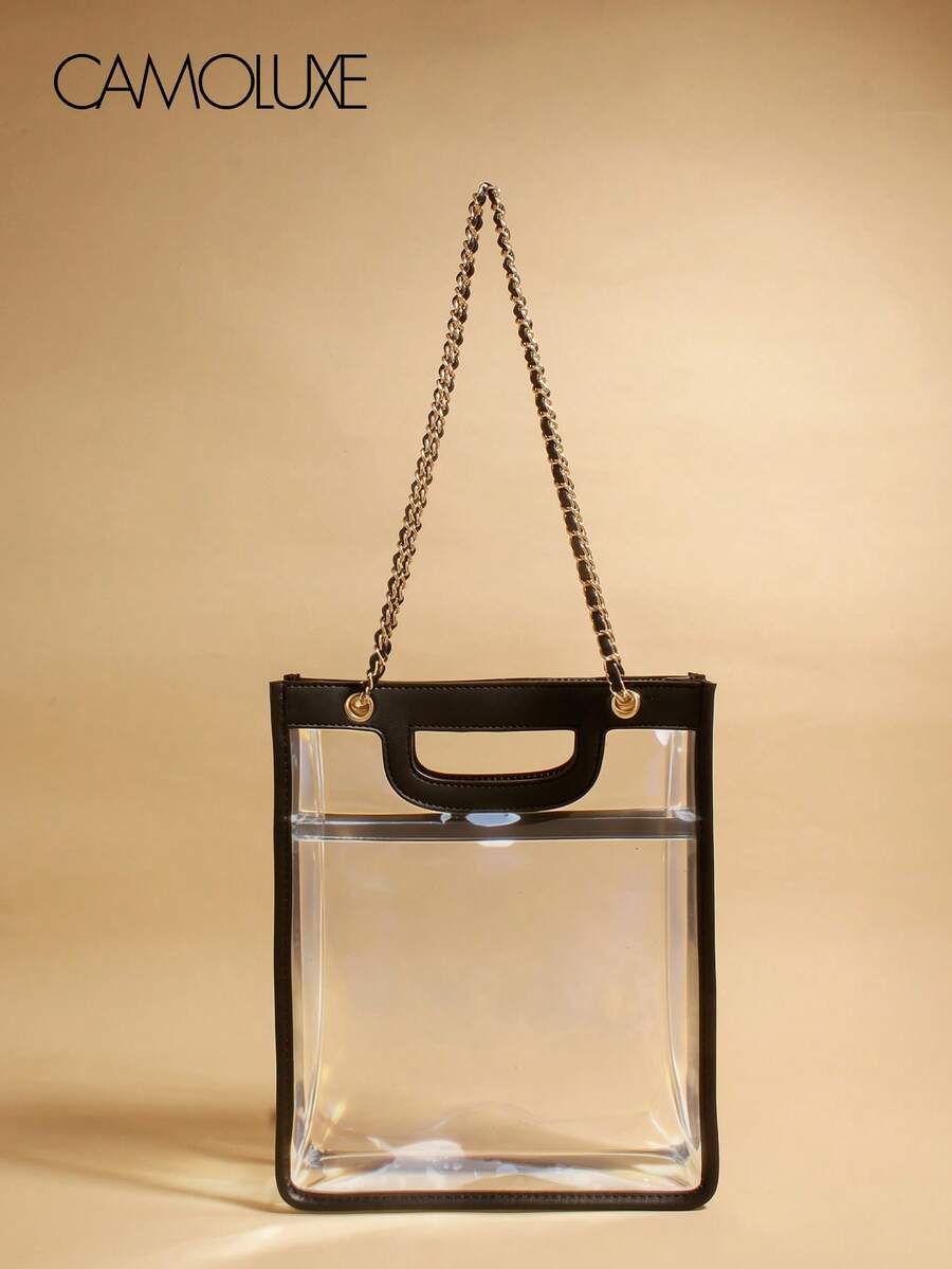 CAMOLUXE Transparent Minimalist Chain Tote Bag Black Trimmed Single Shoulder Bag Large Capacity Waterproof PVC Jelly Bag Fashion Commuter Bag