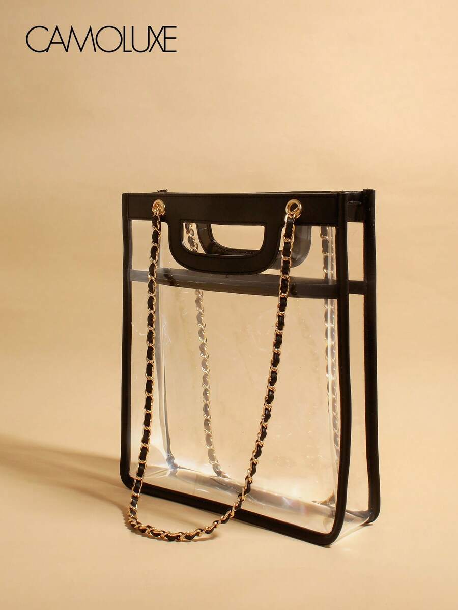 CAMOLUXE Transparent Minimalist Chain Tote Bag Black Trimmed Single Shoulder Bag Large Capacity Waterproof PVC Jelly Bag Fashion Commuter Bag
