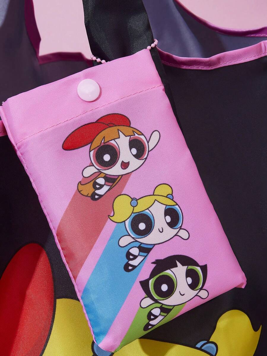 THE POWERPUFF GIRLS X Cartoon Girls Print Polyester Foldable Tote Bag, Compact Fold Design For Grocery Shopping, Daily Errands And Travel Use