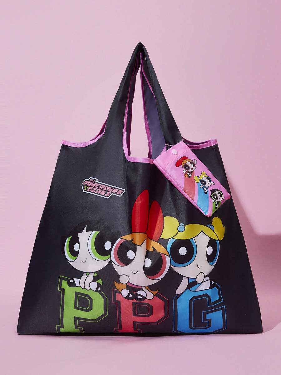THE POWERPUFF GIRLS X Cartoon Girls Print Polyester Foldable Tote Bag, Compact Fold Design For Grocery Shopping, Daily Errands And Travel Use
