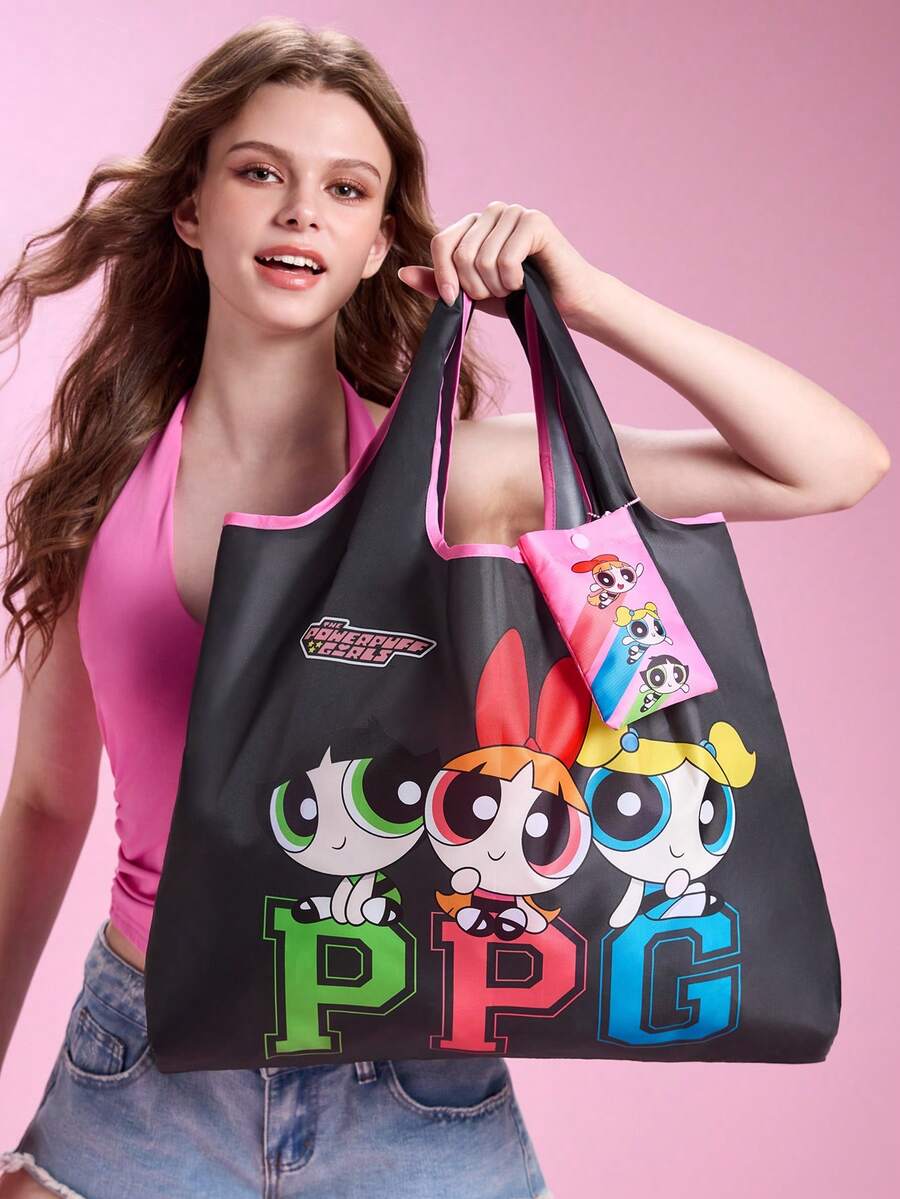 THE POWERPUFF GIRLS X Cartoon Girls Print Polyester Foldable Tote Bag, Compact Fold Design For Grocery Shopping, Daily Errands And Travel Use