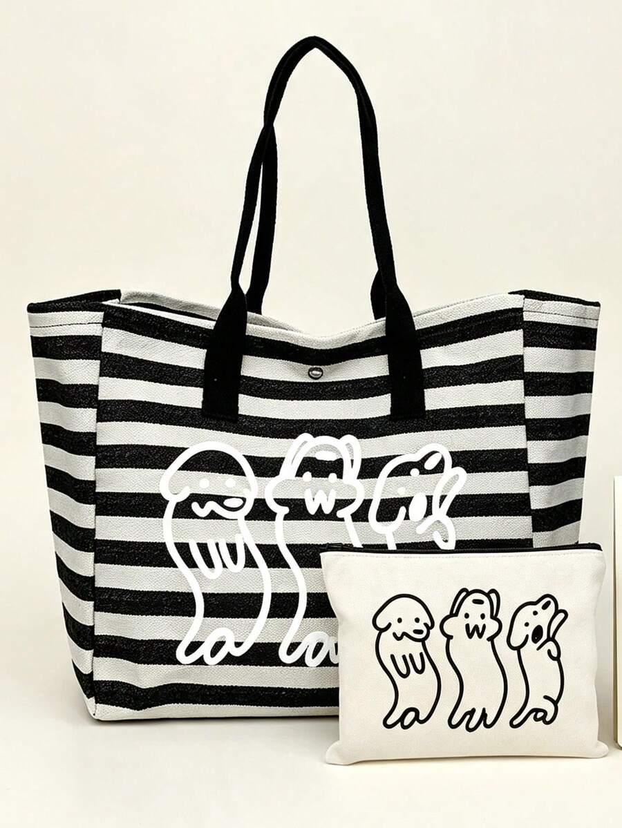 Black And White Striped Tote Bag, Cute 3 Cartoon Puppy Print Shoulder Bag, Comes With Matching Print Storage Bag, Casual Large Capacity Handbag, Fashionable Portable Shopping Bag, Suitable For Daily C