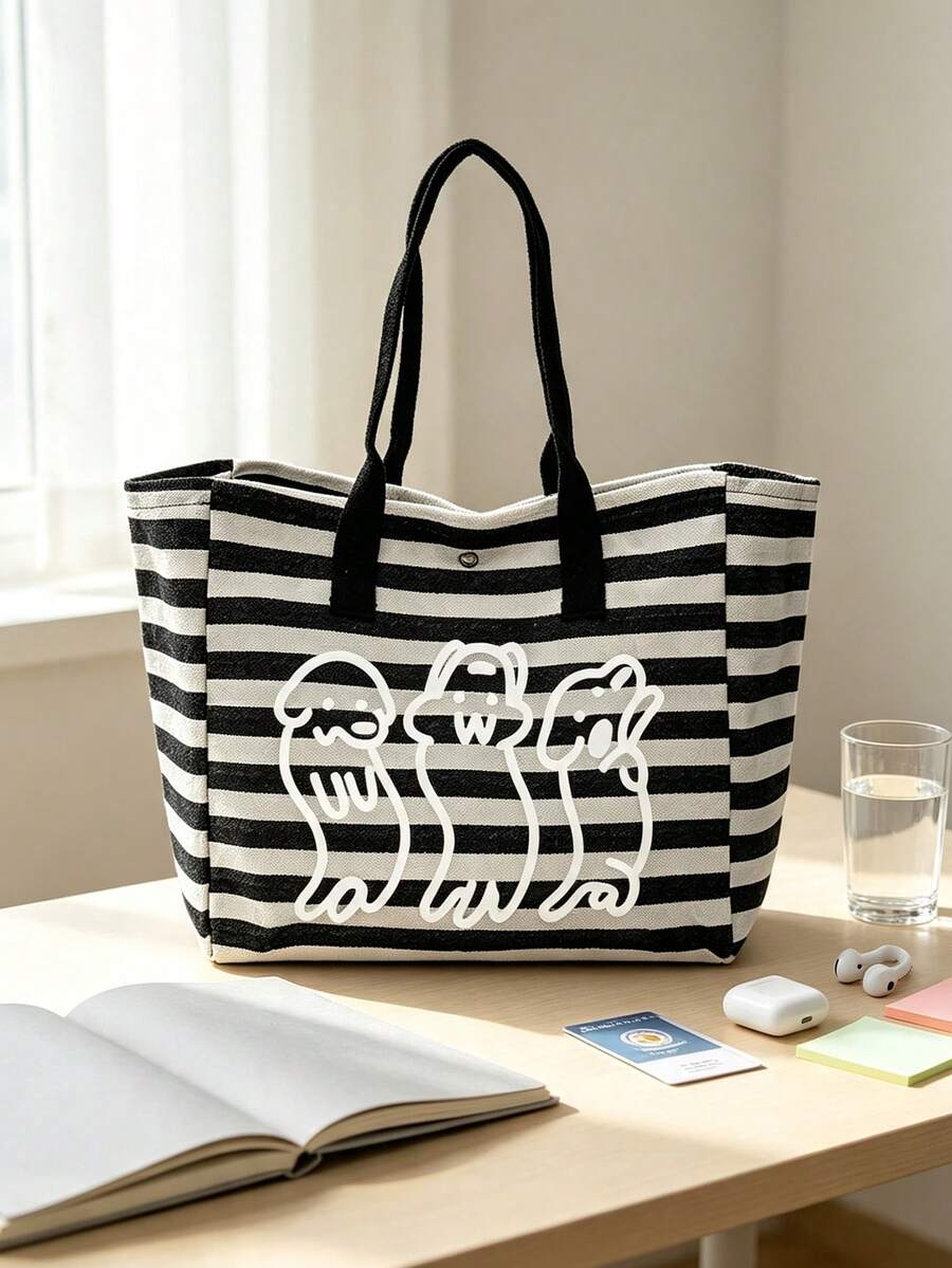 Black And White Striped Tote Bag, Cute 3 Cartoon Puppy Print Shoulder Bag, Comes With Matching Print Storage Bag, Casual Large Capacity Handbag, Fashionable Portable Shopping Bag, Suitable For Daily C