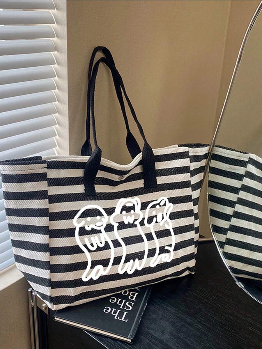 Black And White Striped Tote Bag, Cute 3 Cartoon Puppy Print Shoulder Bag, Comes With Matching Print Storage Bag, Casual Large Capacity Handbag, Fashionable Portable Shopping Bag, Suitable For Daily C