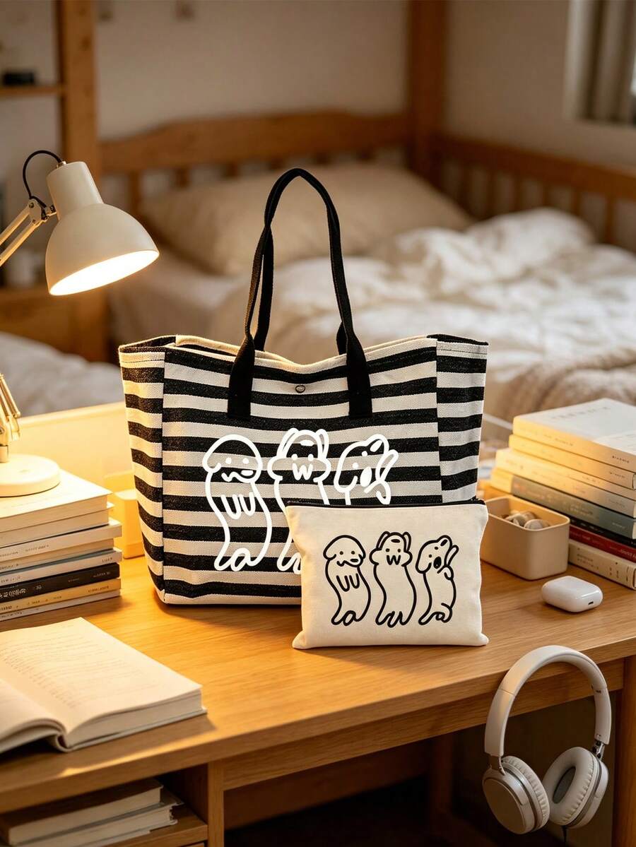 Black And White Striped Tote Bag, Cute 3 Cartoon Puppy Print Shoulder Bag, Comes With Matching Print Storage Bag, Casual Large Capacity Handbag, Fashionable Portable Shopping Bag, Suitable For Daily C