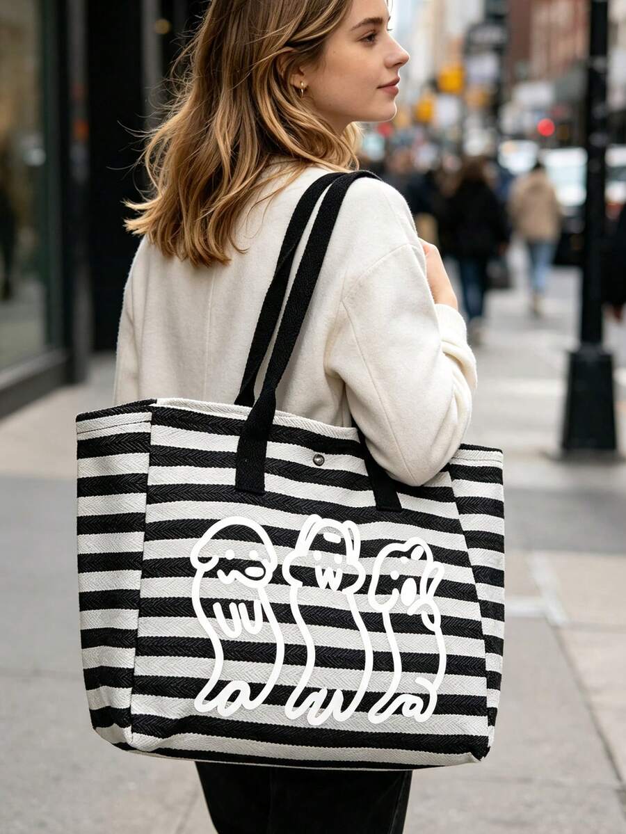 Black And White Striped Tote Bag, Cute 3 Cartoon Puppy Print Shoulder Bag, Comes With Matching Print Storage Bag, Casual Large Capacity Handbag, Fashionable Portable Shopping Bag, Suitable For Daily C