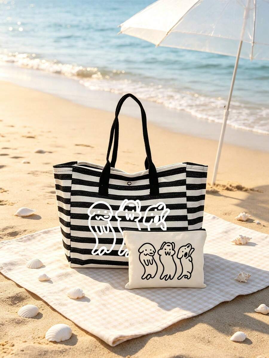 Black And White Striped Tote Bag, Cute 3 Cartoon Puppy Print Shoulder Bag, Comes With Matching Print Storage Bag, Casual Large Capacity Handbag, Fashionable Portable Shopping Bag, Suitable For Daily C