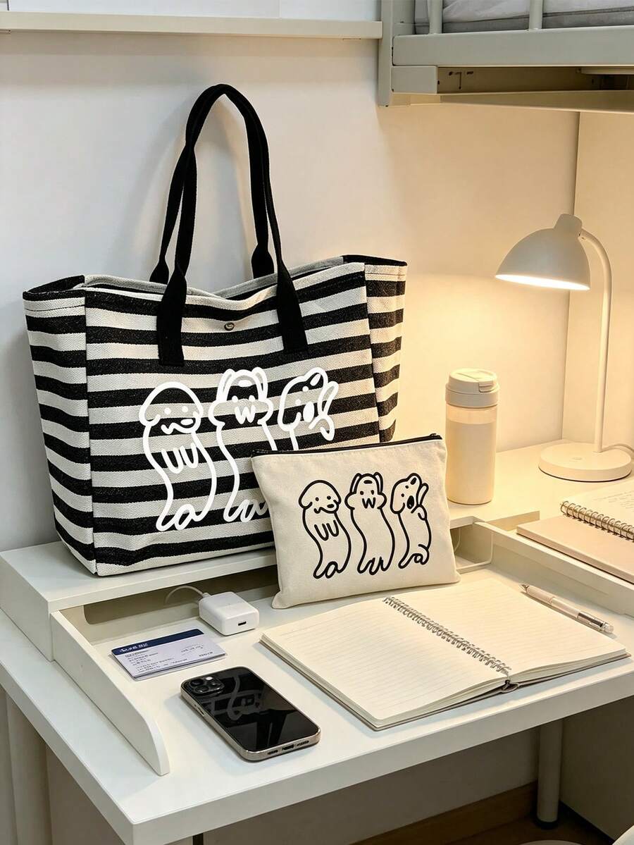 Black And White Striped Tote Bag, Cute 3 Cartoon Puppy Print Shoulder Bag, Comes With Matching Print Storage Bag, Casual Large Capacity Handbag, Fashionable Portable Shopping Bag, Suitable For Daily C