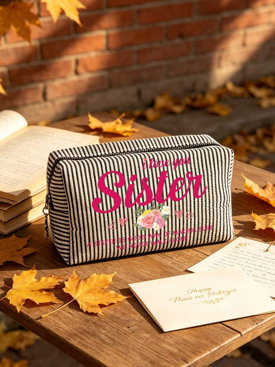 "I Love You, Sister" Vintage Striped Tote Bag And Matching Pouch, Foldable Canvas Shoulder Bag, Bohemian Striped Beach Bag, Cosmetic Bag, Perfect For Beach, Swimming, Shopping And Daily Use, Suitable