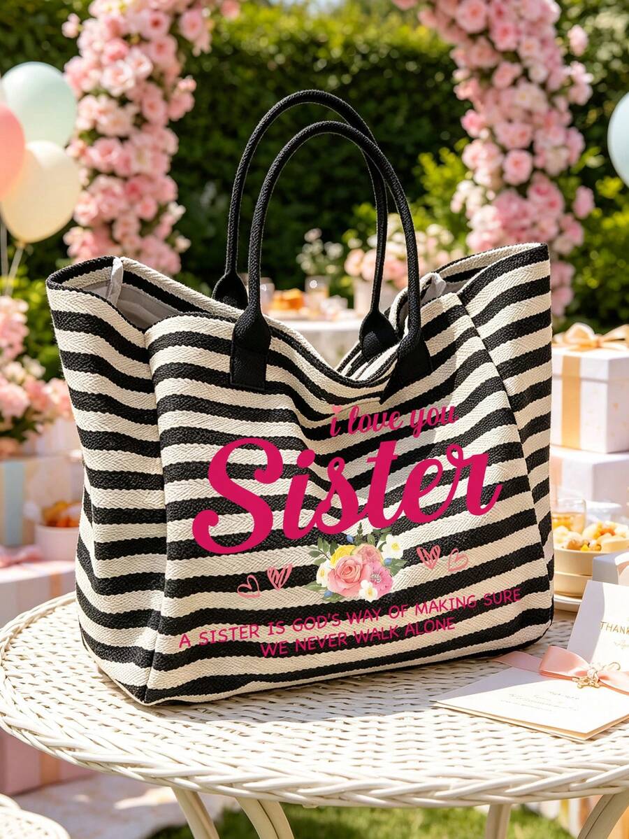 "I Love You, Sister" Vintage Striped Tote Bag And Matching Pouch, Foldable Canvas Shoulder Bag, Bohemian Striped Beach Bag, Cosmetic Bag, Perfect For Beach, Swimming, Shopping And Daily Use, Suitable