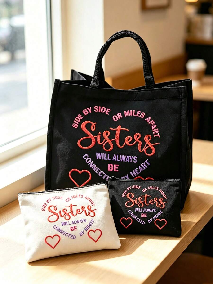 "I Love You, Sister" Black Linen Tote Bag With Makeup Bag Set, Handbag, White Makeup Bag, Minimalist Jesus Lettering Inspirational Linen Handbag, Heart-Shaped Floral Print Linen Shopping Bag| Lightwe