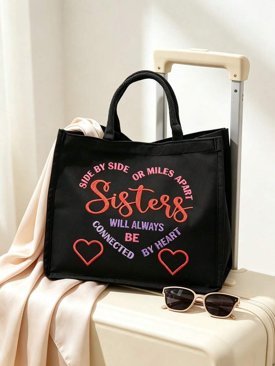 "I Love You, Sister" Black Linen Tote Bag With Makeup Bag Set, Handbag, White Makeup Bag, Minimalist Jesus Lettering Inspirational Linen Handbag, Heart-Shaped Floral Print Linen Shopping Bag| Lightwe