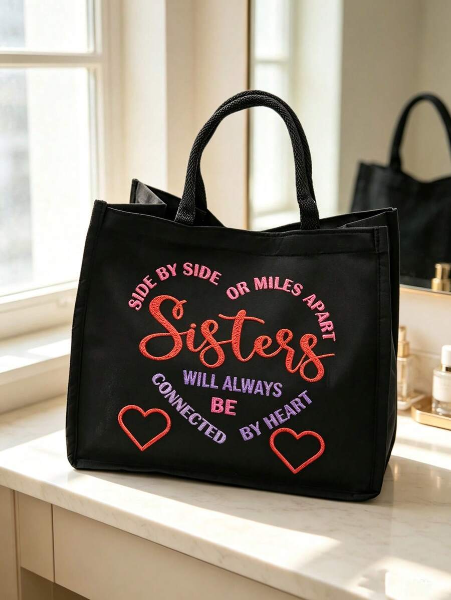 "I Love You, Sister" Black Linen Tote Bag With Makeup Bag Set, Handbag, White Makeup Bag, Minimalist Jesus Lettering Inspirational Linen Handbag, Heart-Shaped Floral Print Linen Shopping Bag| Lightwe
