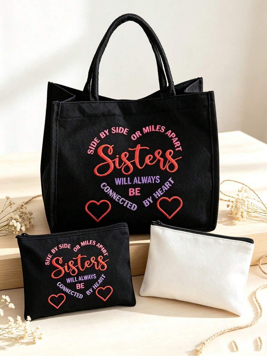 "I Love You, Sister" Black Linen Tote Bag With Makeup Bag Set, Handbag, White Makeup Bag, Minimalist Jesus Lettering Inspirational Linen Handbag, Heart-Shaped Floral Print Linen Shopping Bag| Lightwe