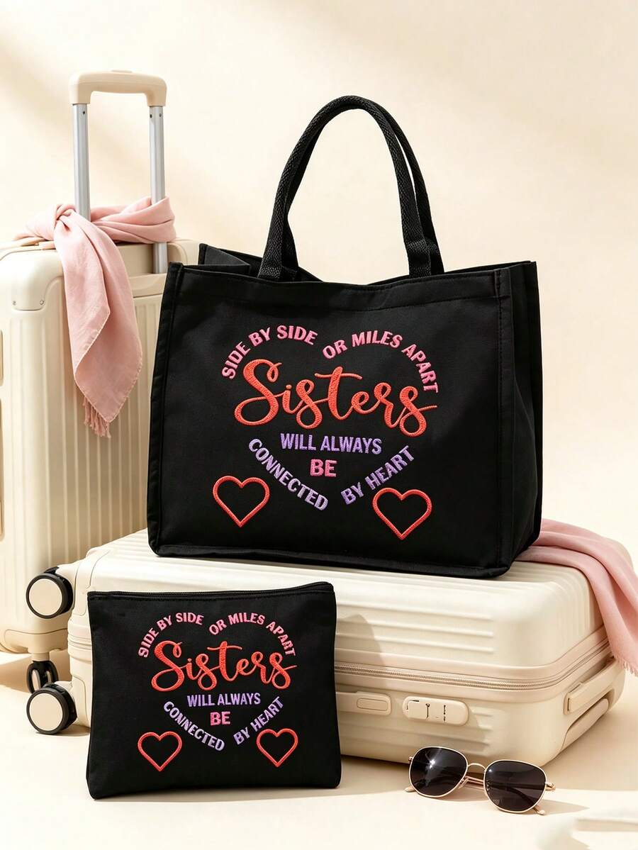 "I Love You, Sister" Black Linen Tote Bag With Makeup Bag Set, Handbag, White Makeup Bag, Minimalist Jesus Lettering Inspirational Linen Handbag, Heart-Shaped Floral Print Linen Shopping Bag| Lightwe