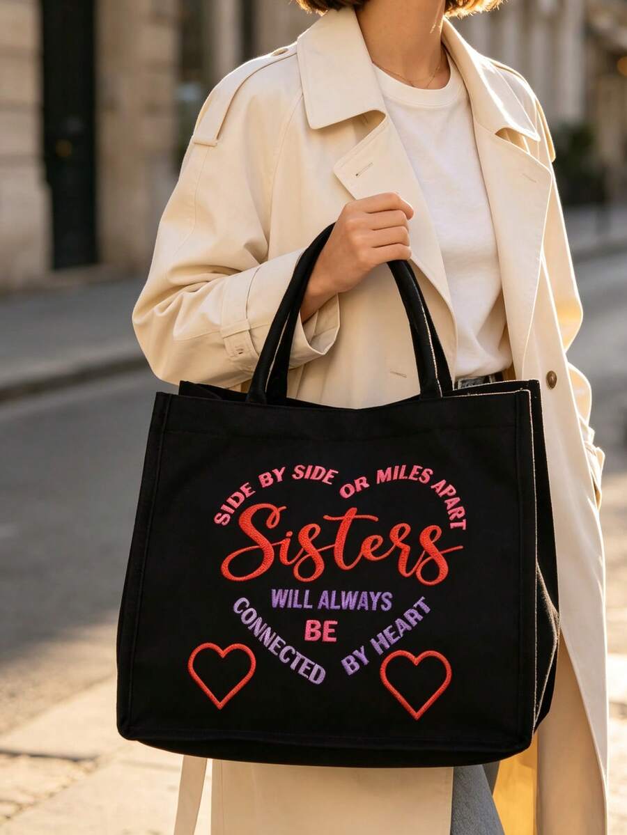 "I Love You, Sister" Black Linen Tote Bag With Makeup Bag Set, Handbag, White Makeup Bag, Minimalist Jesus Lettering Inspirational Linen Handbag, Heart-Shaped Floral Print Linen Shopping Bag| Lightwe