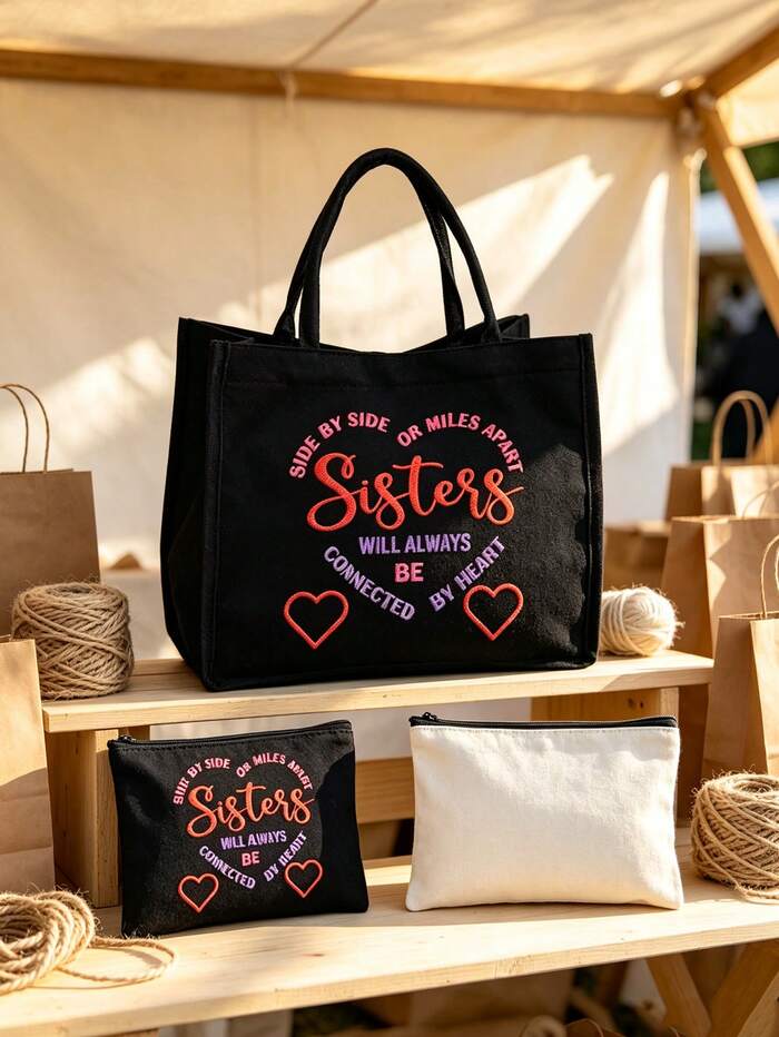 "I Love You, Sister" Black Linen Tote Bag With Makeup Bag Set, Handbag