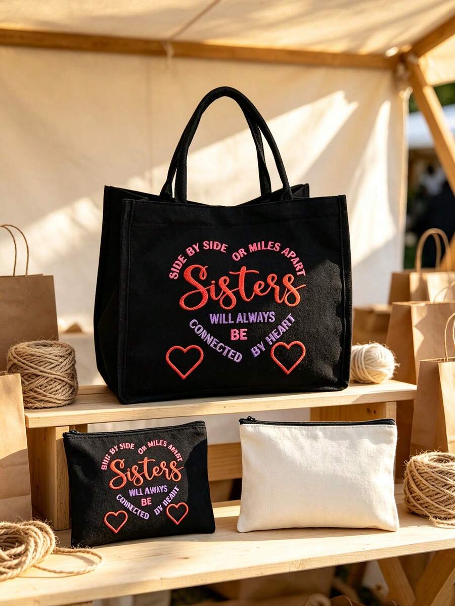 "I Love You, Sister" Black Linen Tote Bag With Makeup Bag Set, Handbag, White Makeup Bag, Minimalist Jesus Lettering Inspirational Linen Handbag, Heart-Shaped Floral Print Linen Shopping Bag| Lightwe