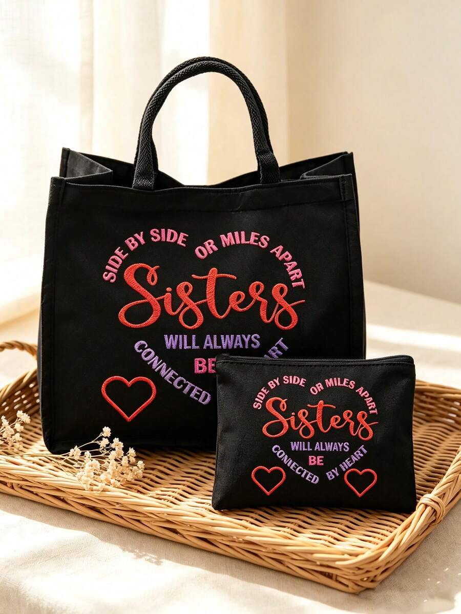 "I Love You, Sister" Black Linen Tote Bag With Makeup Bag Set, Handbag, White Makeup Bag, Minimalist Jesus Lettering Inspirational Linen Handbag, Heart-Shaped Floral Print Linen Shopping Bag| Lightwe