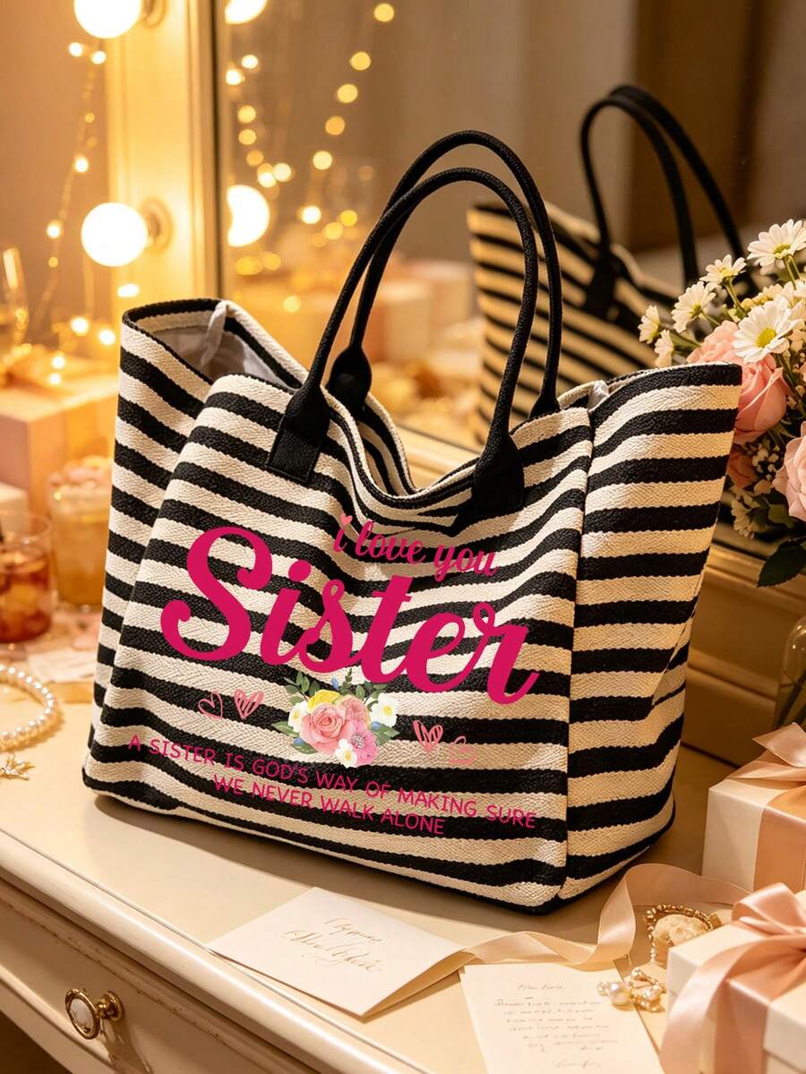 "I Love You, Sister" Vintage Striped Tote Bag And Matching Pouch, Foldable Canvas Shoulder Bag, Bohemian Striped Beach Bag, Makeup Bag, Perfect For Beach, Swimming, Shopping And Daily Use, Suitable Fo